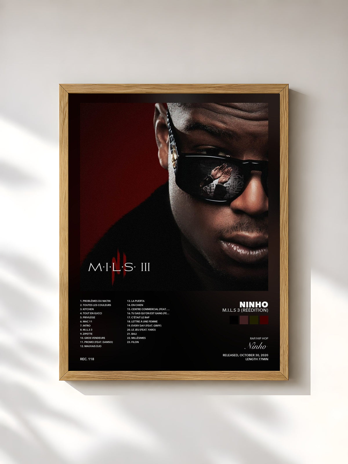 #bois Tableau de l'album M.I.L.S 3 (Réédition) de Ninho, cadre en bois brut, imprimé et encadré en France