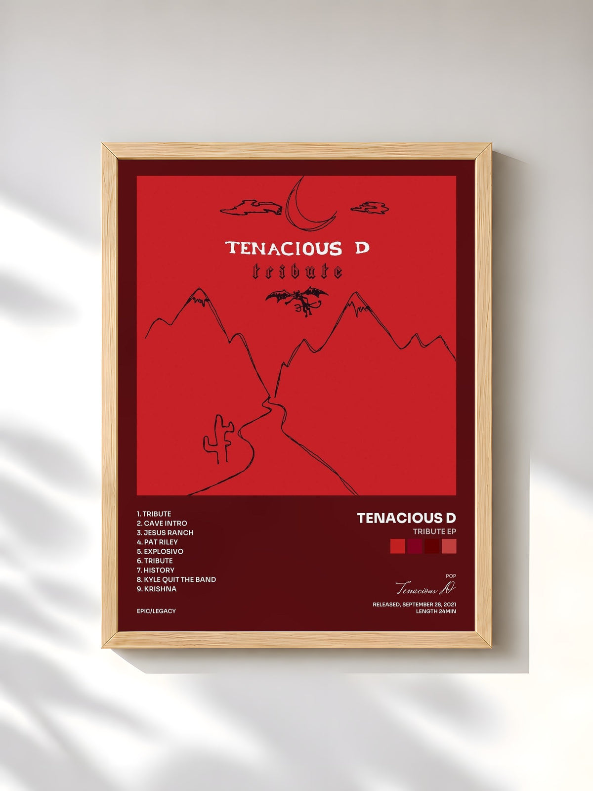 #bois Tableau de l'album Tribute EP de Tenacious D, cadre en bois brut, imprimé et encadré en France