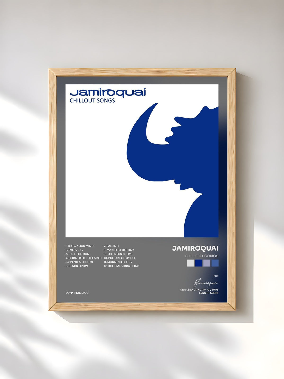 #bois Tableau de l'album Chillout Songs de Jamiroquai, cadre en bois brut, imprimé et encadré en France