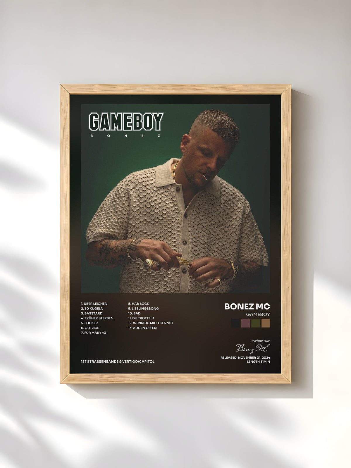 #bois Tableau de l'album GAMEBOY de Bonez MC, cadre en bois brut, imprimé et encadré en France