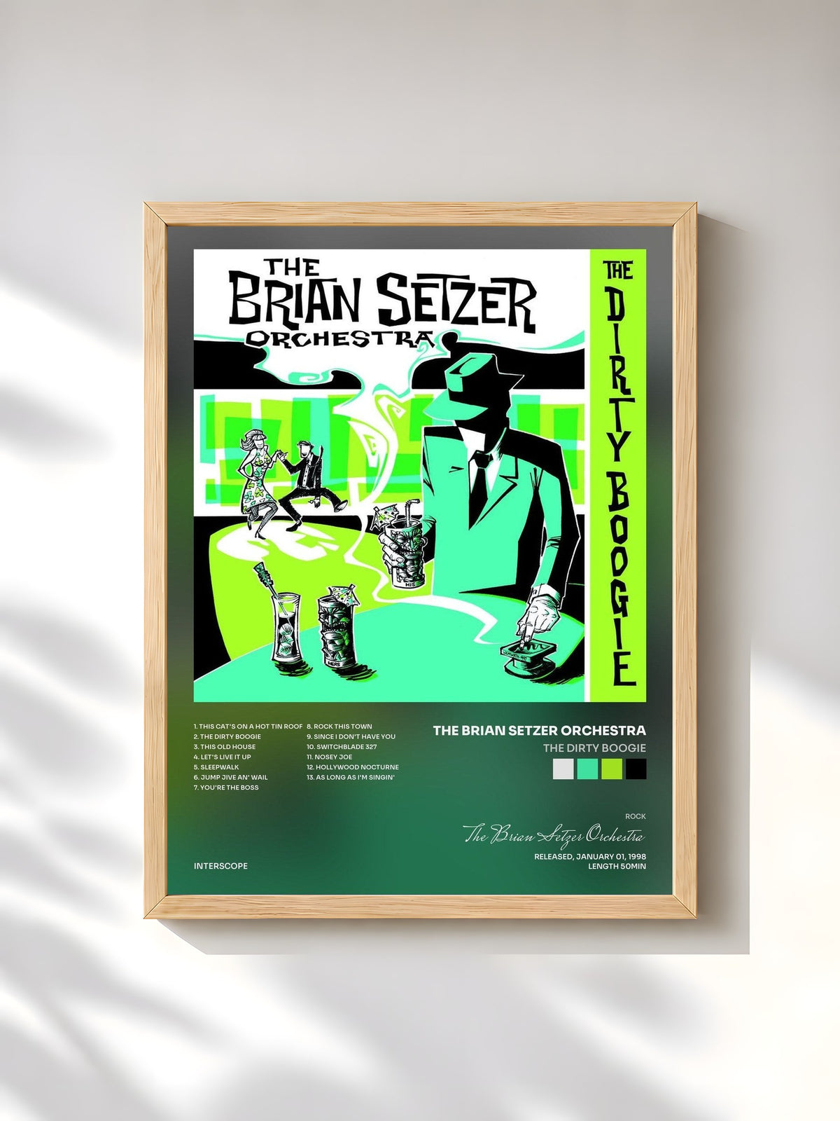 #bois Tableau de l'album The Dirty Boogie de The Brian Setzer Orchestra, cadre en bois brut, imprimé et encadré en France