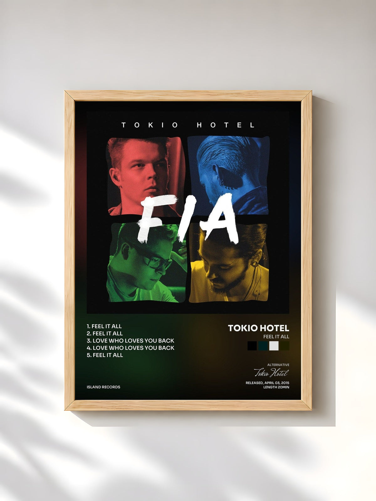 #bois Tableau de l'album Feel It All de Tokio Hotel, cadre en bois brut, imprimé et encadré en France