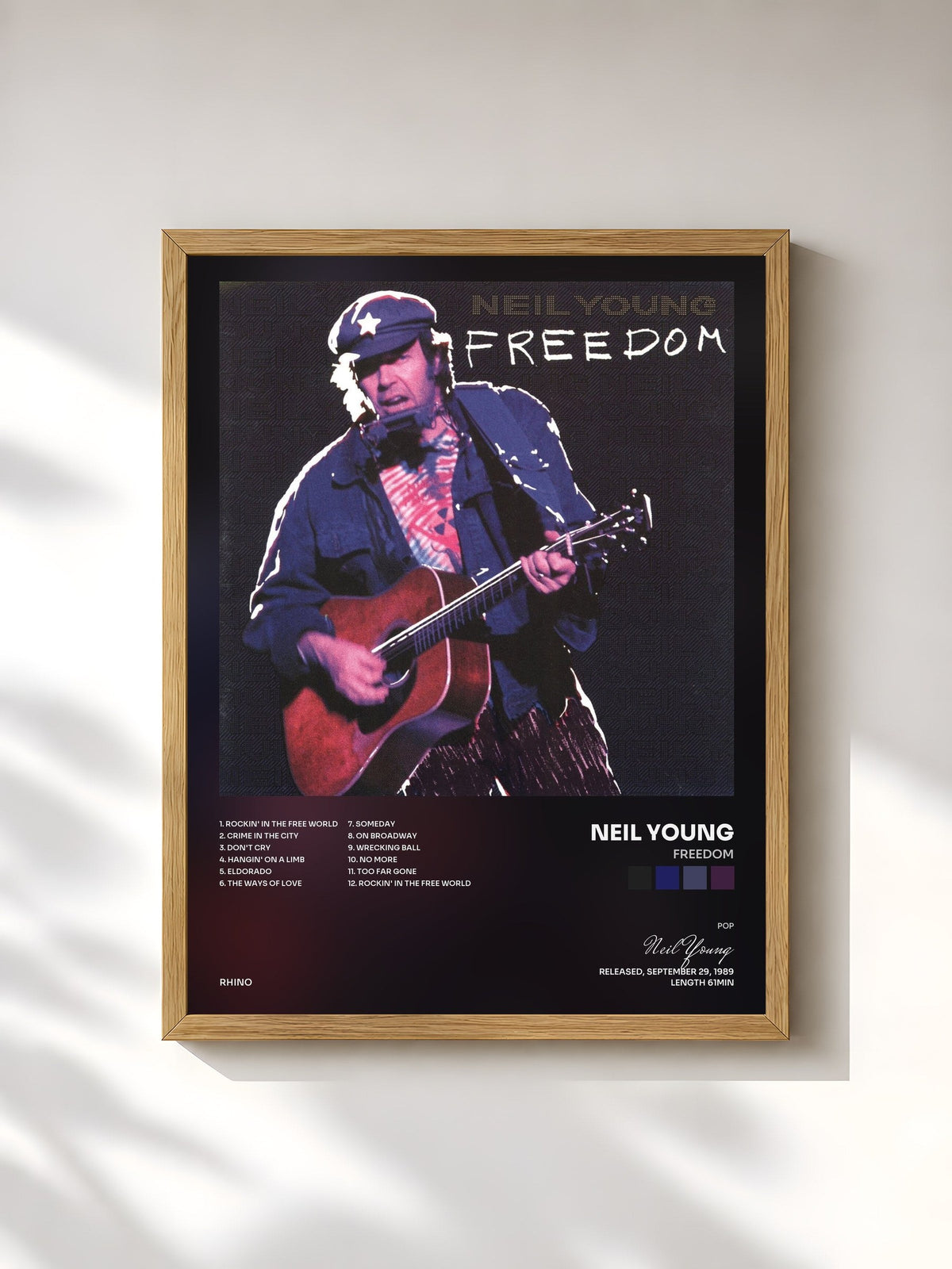 #bois Tableau de l'album Freedom de Neil Young, cadre en bois brut, imprimé et encadré en France