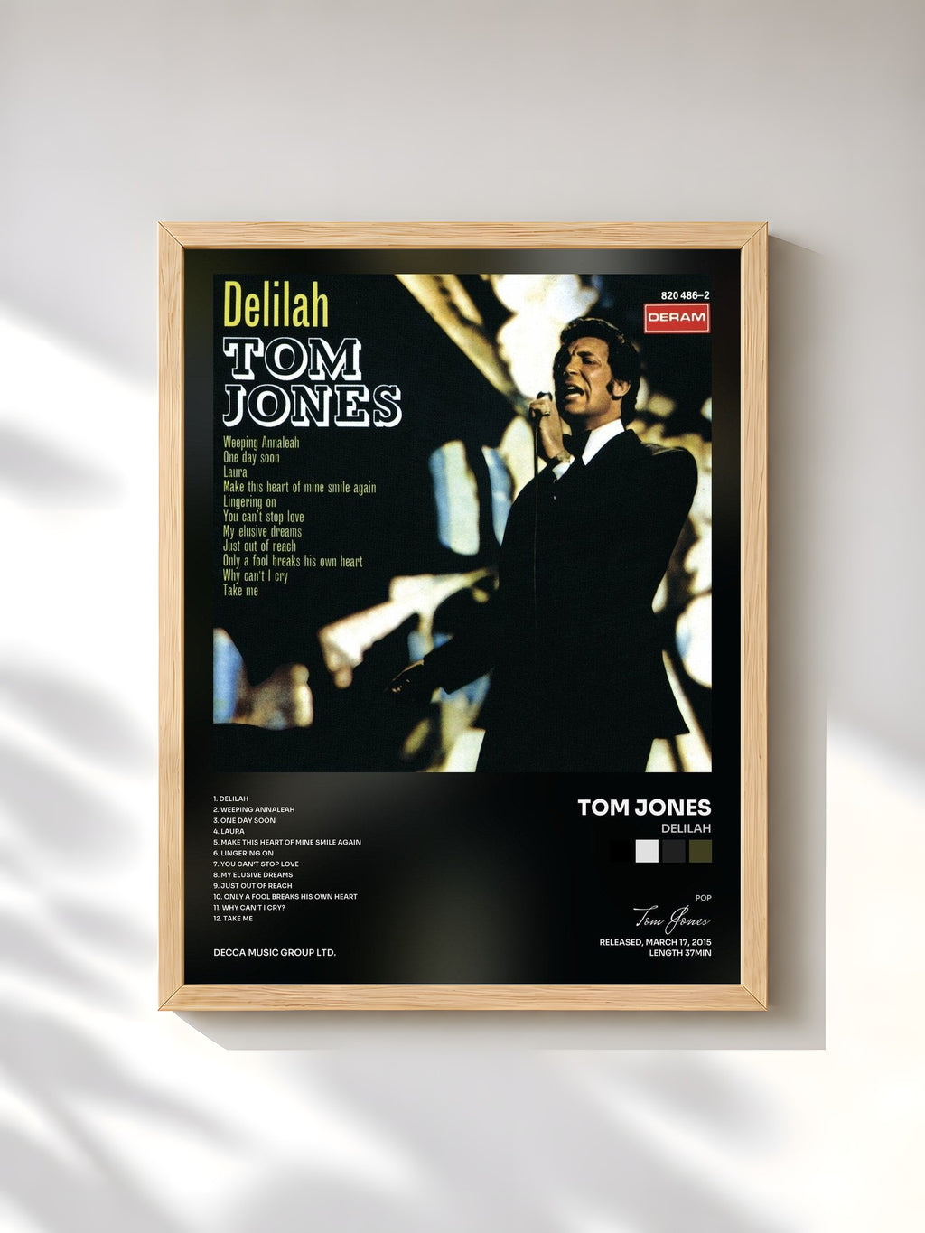#bois Tableau de l'album Delilah de Tom Jones, cadre en bois brut, imprimé et encadré en France