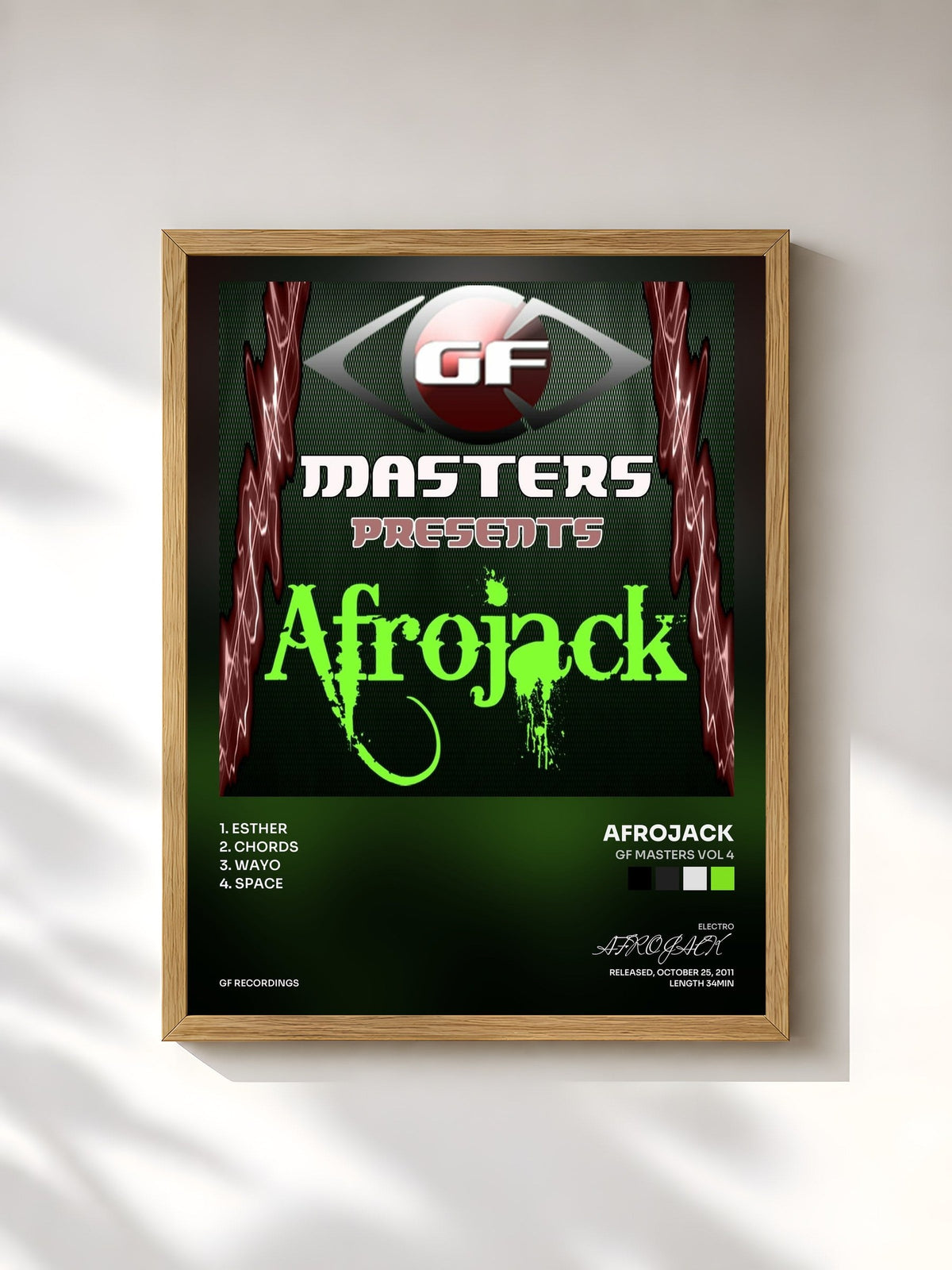 #bois Tableau de l'album GF Masters Vol 4 de AFROJACK, cadre en bois brut, imprimé et encadré en France