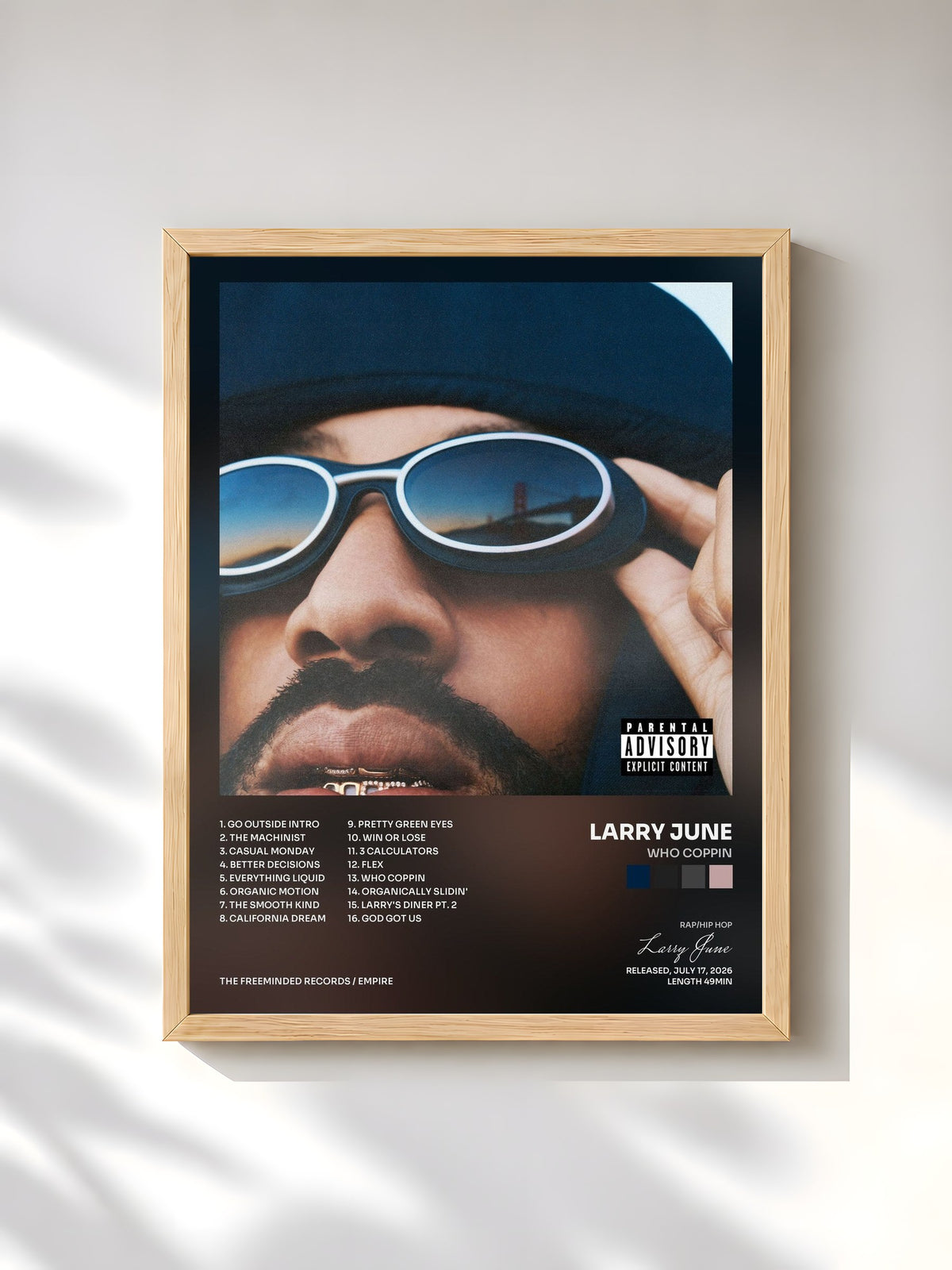 #bois Tableau de l'album Who Coppin de Larry June, cadre en bois brut, imprimé et encadré en France