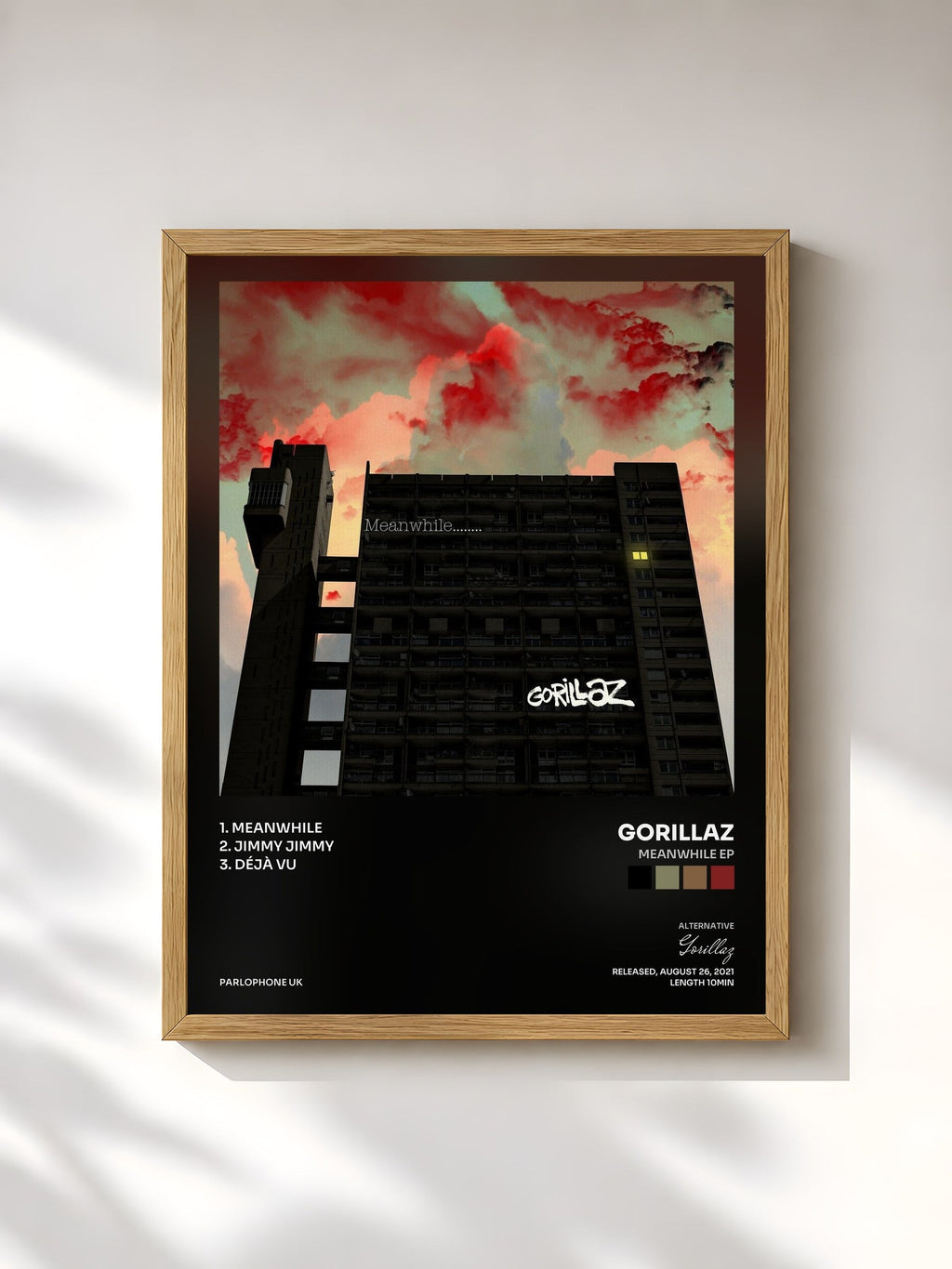 #bois Tableau de l'album Meanwhile EP de Gorillaz, cadre en bois brut, imprimé et encadré en France