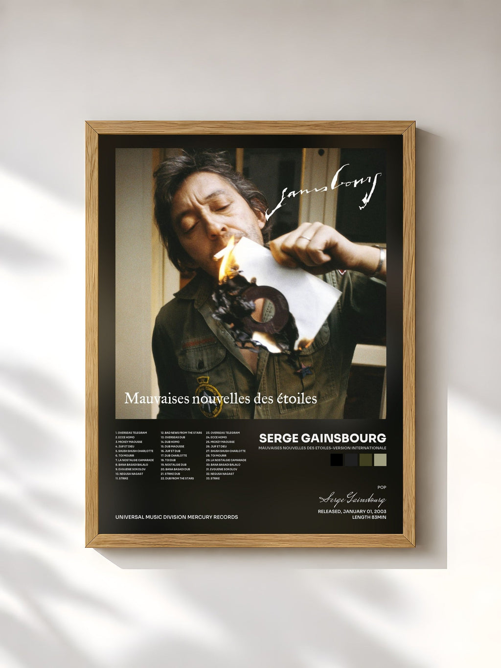 #bois Tableau de l'album Mauvaises Nouvelles Des Etoiles-Version Internationale de Serge Gainsbourg, cadre en bois brut, imprimé et encadré en France