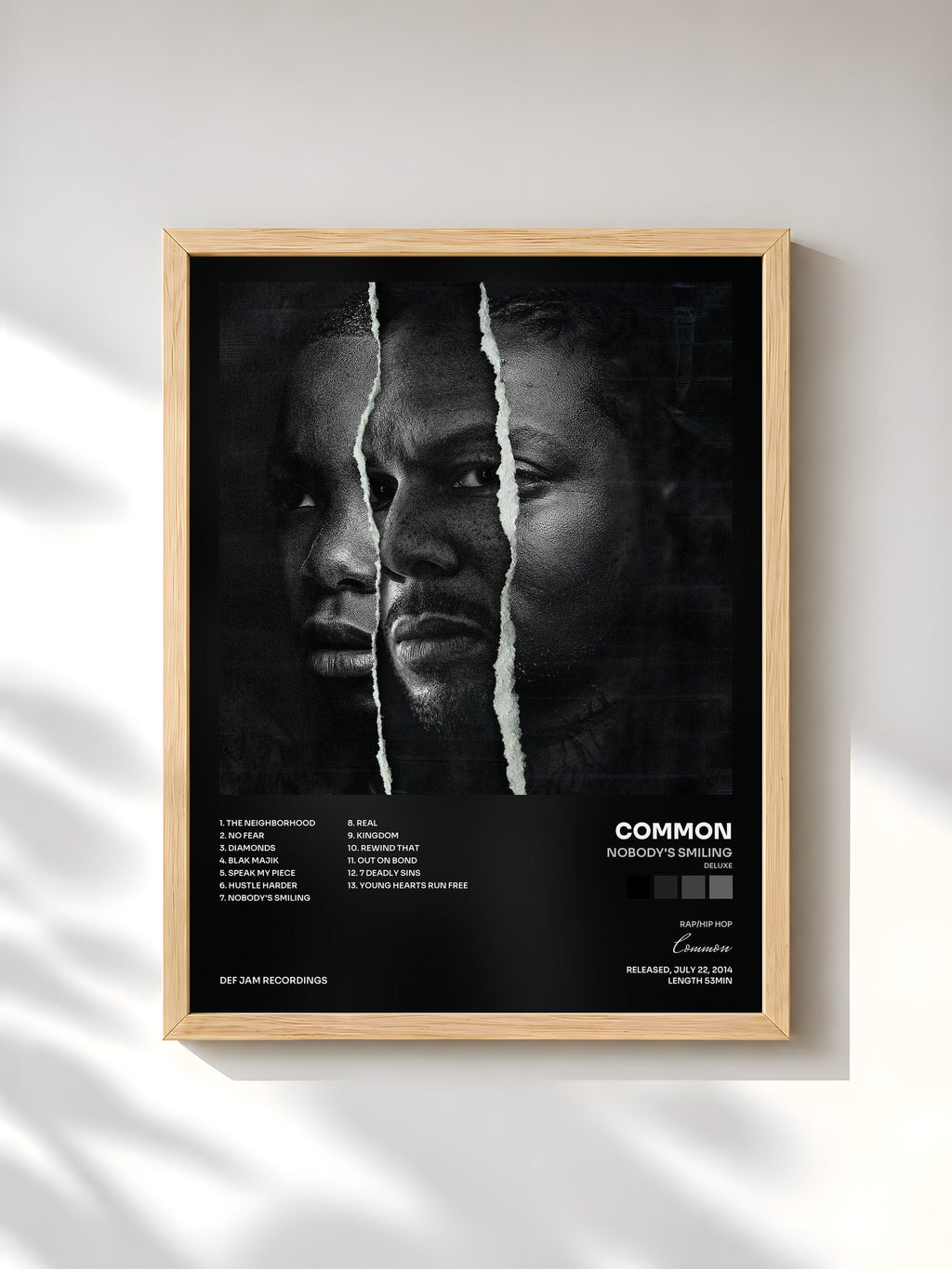 #bois Tableau de l'album Nobody's Smiling (Deluxe) de Common, cadre en bois brut, imprimé et encadré en France