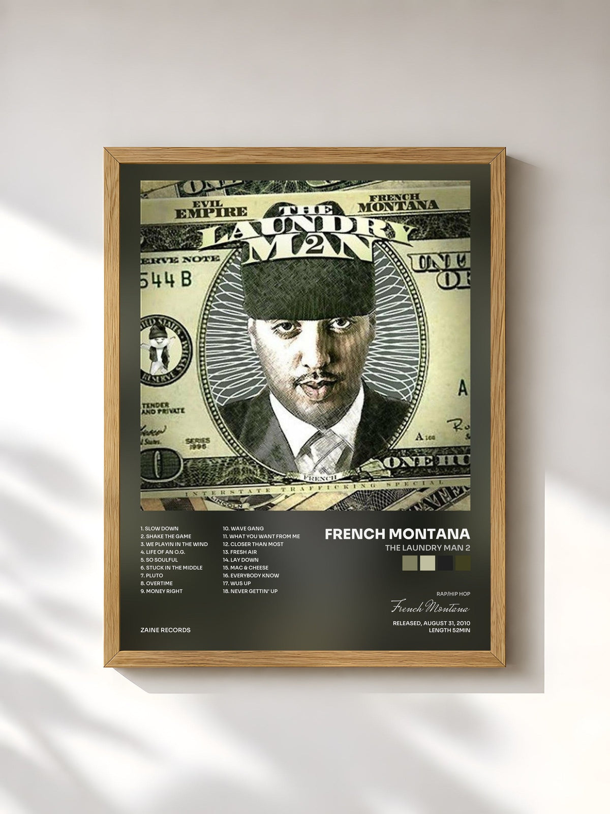 #bois Tableau de l'album The Laundry Man 2 de French Montana, cadre en bois brut, imprimé et encadré en France
