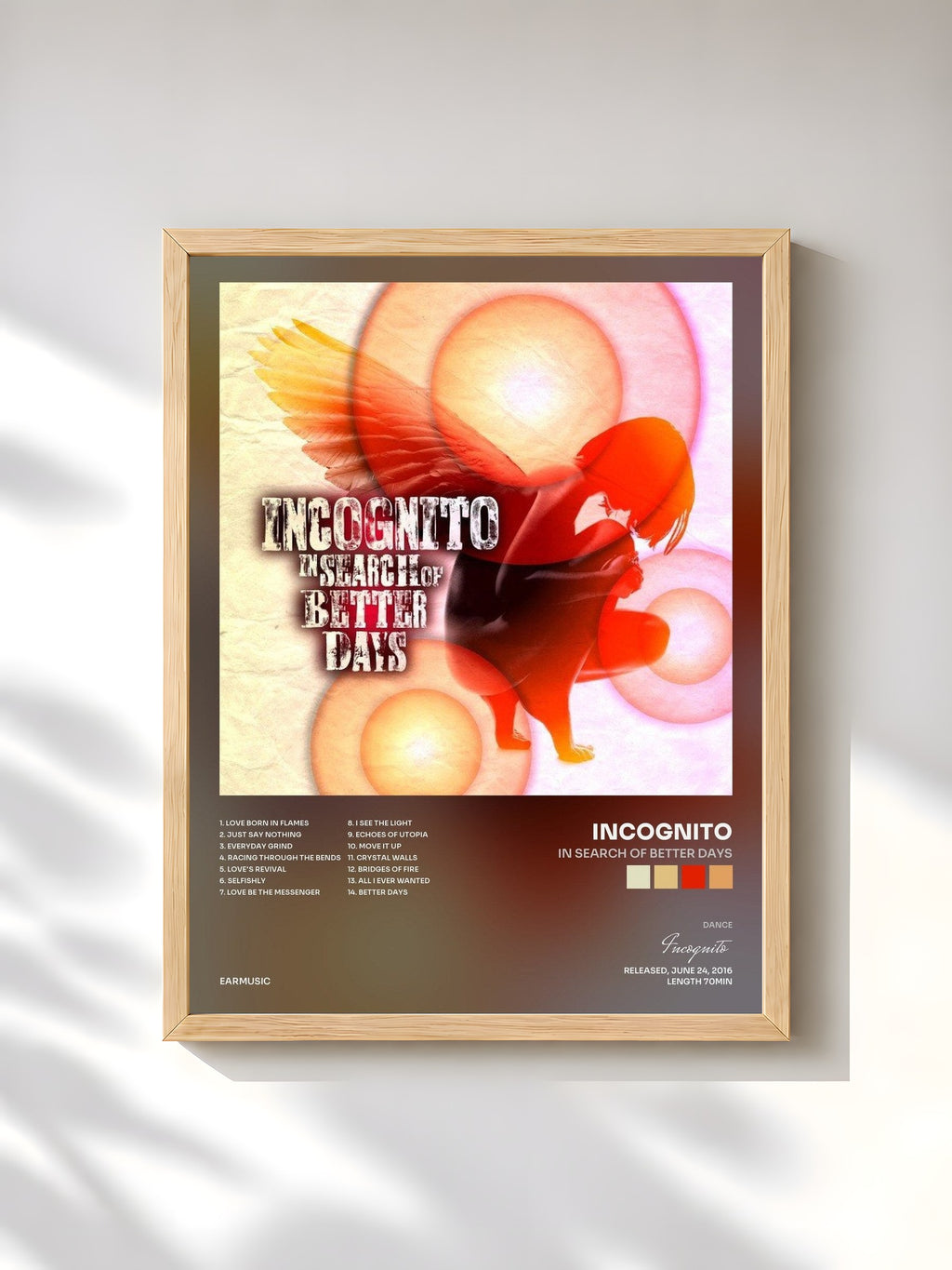 #bois Tableau de l'album In Search of Better Days de Incognito, cadre en bois brut, imprimé et encadré en France