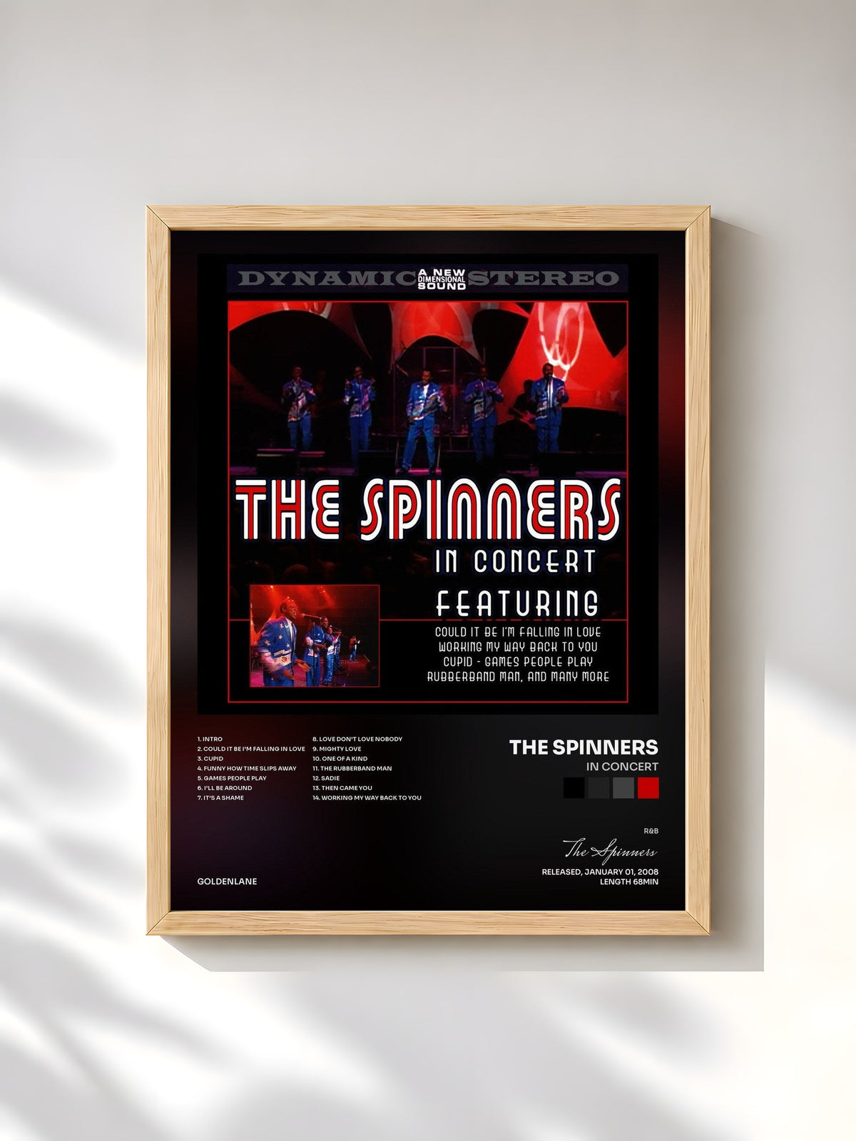 #bois Tableau de l'album In Concert de The Spinners, cadre en bois brut, imprimé et encadré en France