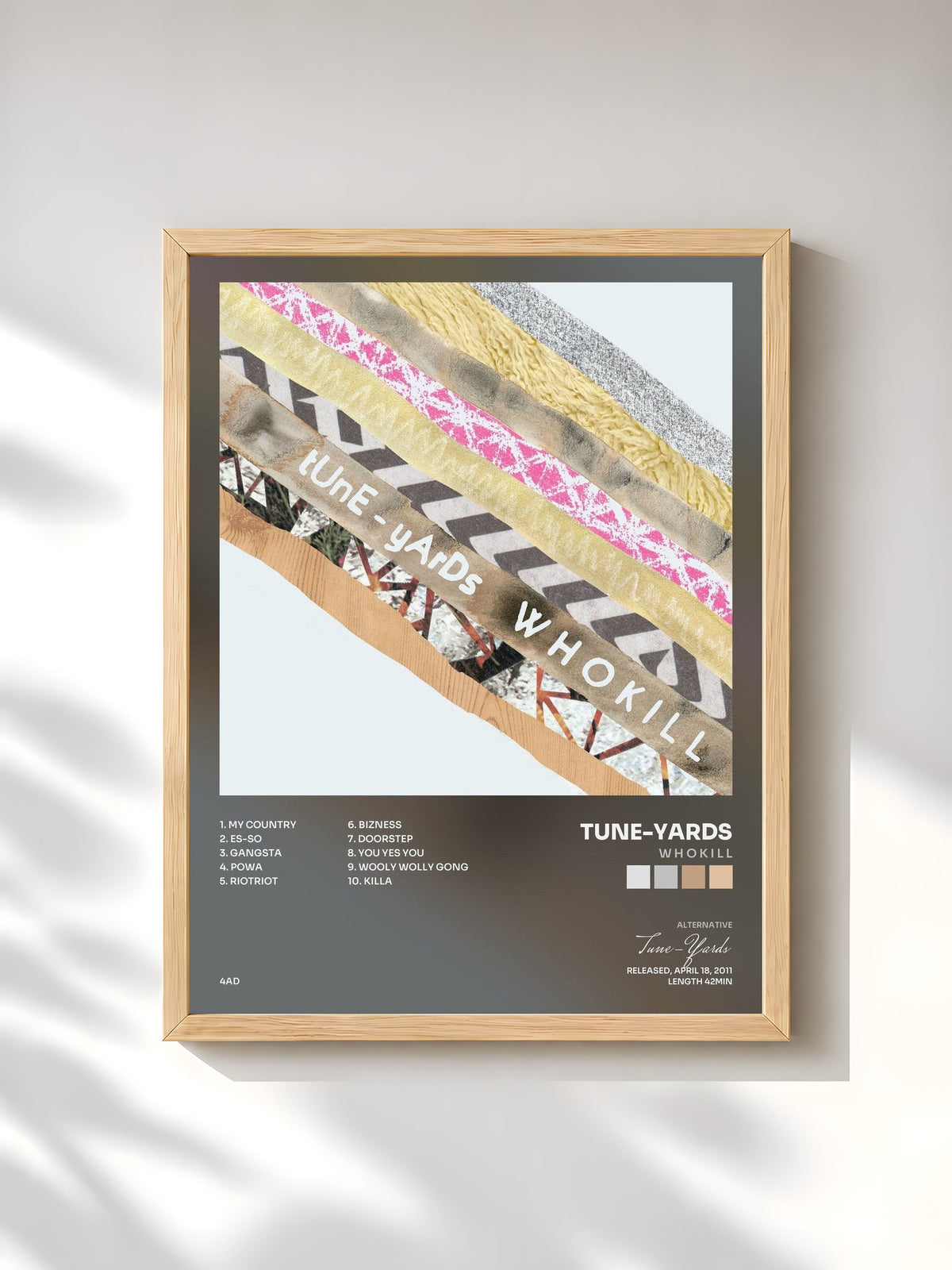 #bois Tableau de l'album W H O K I L L de Tune-Yards, cadre en bois brut, imprimé et encadré en France