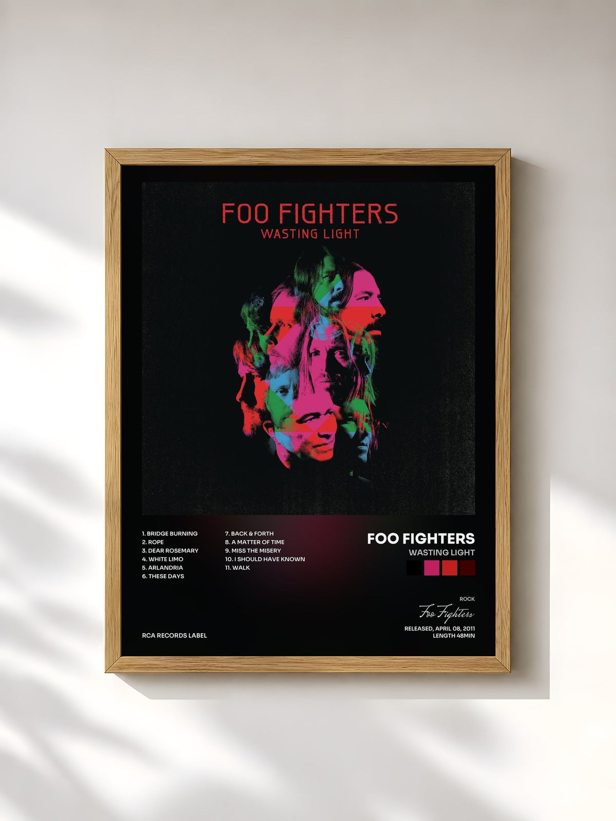 #bois Tableau de l'album Wasting Light de Foo Fighters, cadre en bois brut, imprimé et encadré en France