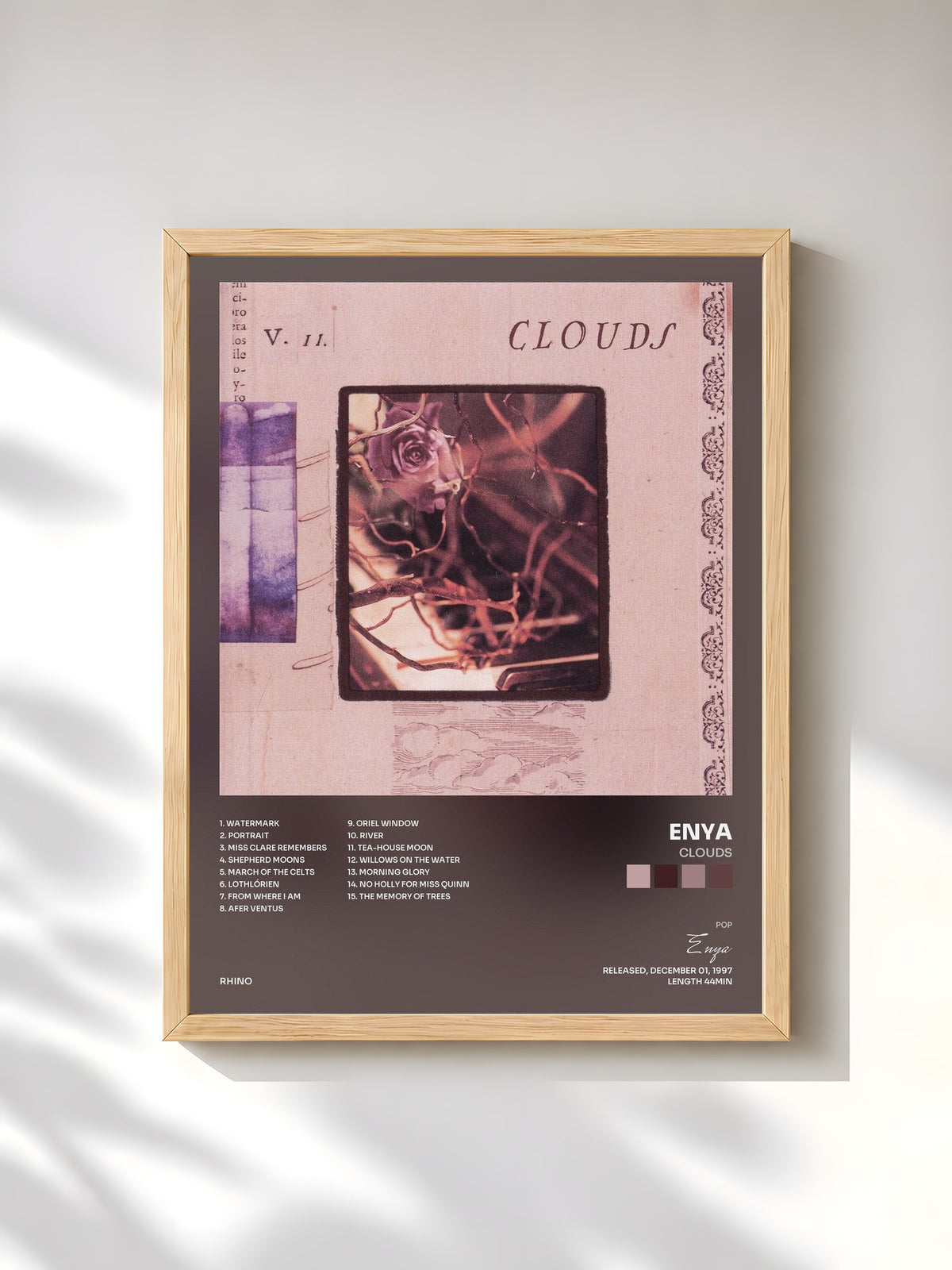#bois Tableau de l'album Clouds de Enya, cadre en bois brut, imprimé et encadré en France