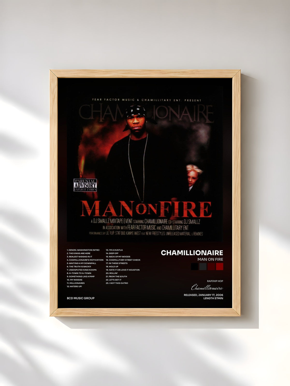 #bois Tableau de l'album Man On Fire de Chamillionaire, cadre en bois brut, imprimé et encadré en France