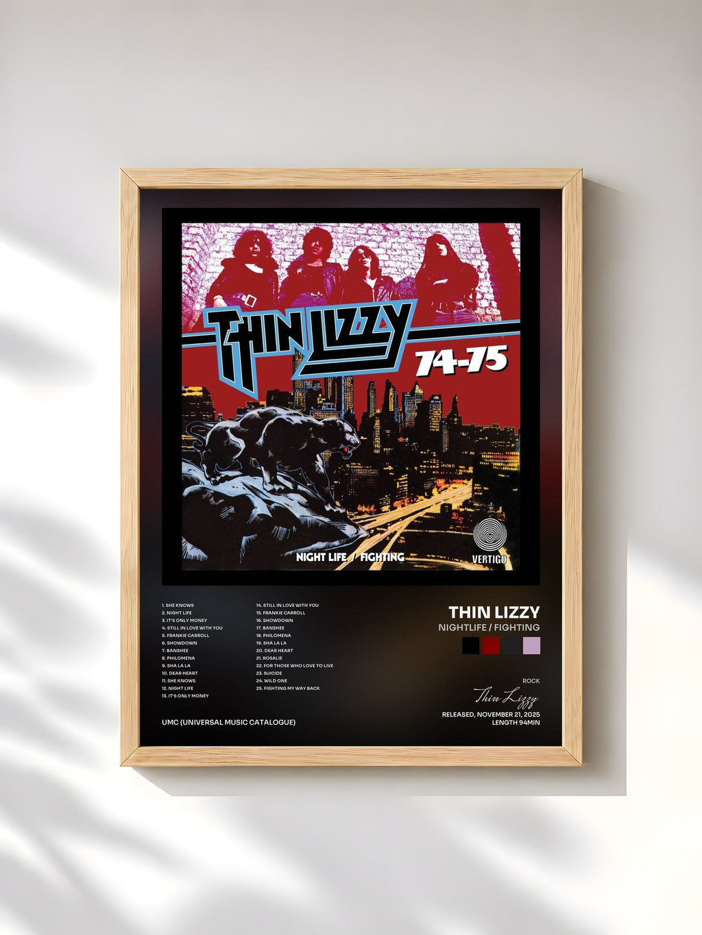 #bois Tableau de l'album Nightlife / Fighting de Thin Lizzy, cadre en bois brut, imprimé et encadré en France