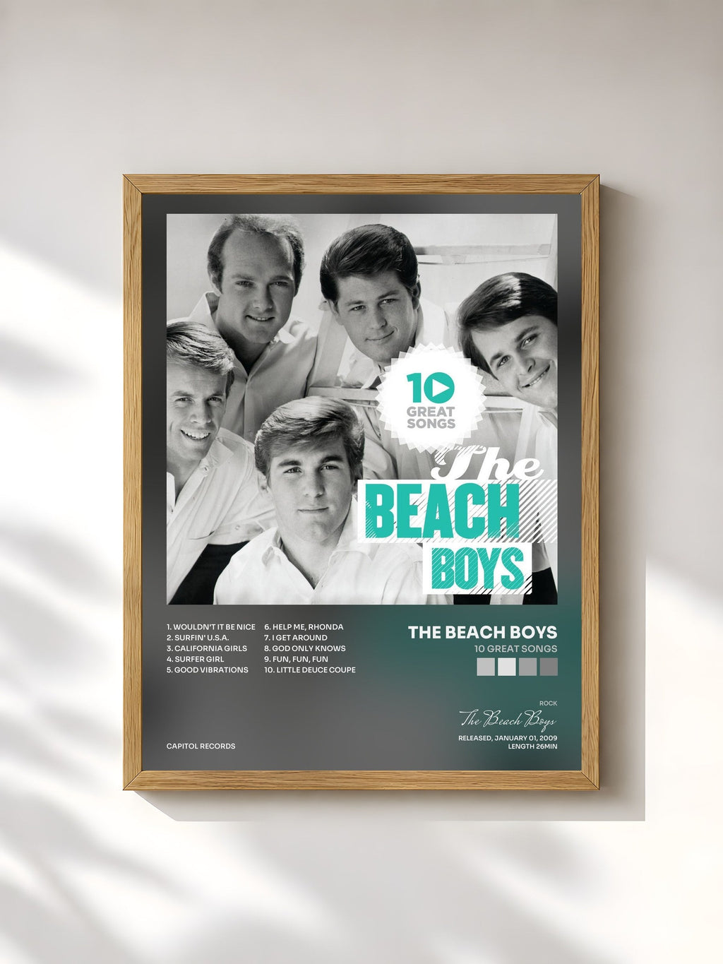#bois Tableau de l'album 10 Great Songs de The Beach Boys, cadre en bois brut, imprimé et encadré en France