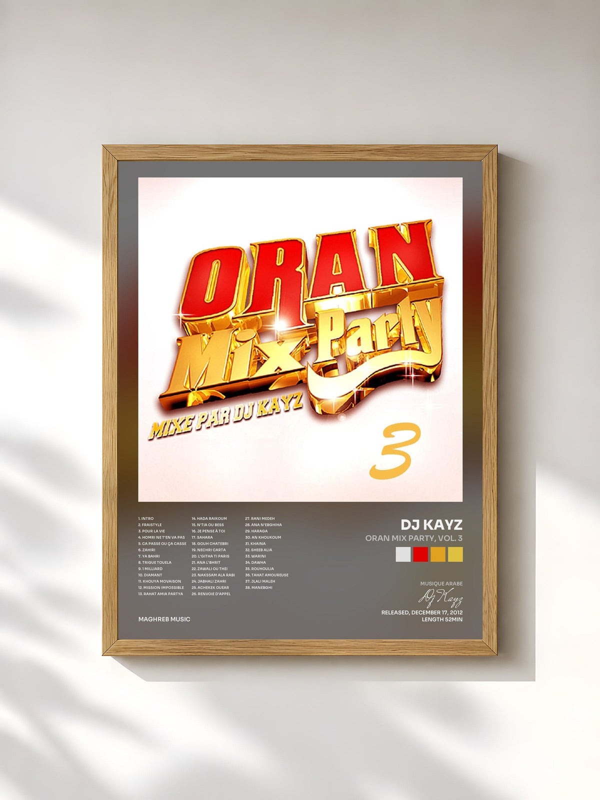 #bois Tableau de l'album Oran Mix Party, Vol. 3 de Dj Kayz, cadre en bois brut, imprimé et encadré en France