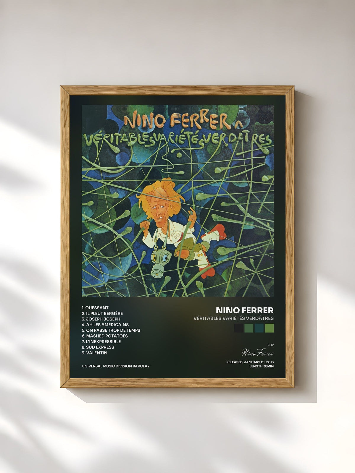 #bois Tableau de l'album Véritables Variétés Verdâtres de Nino Ferrer, cadre en bois brut, imprimé et encadré en France