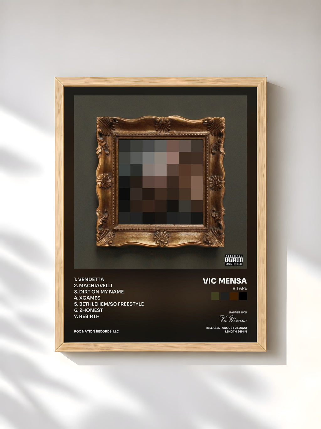 #bois Tableau de l'album V TAPE de Vic Mensa, cadre en bois brut, imprimé et encadré en France