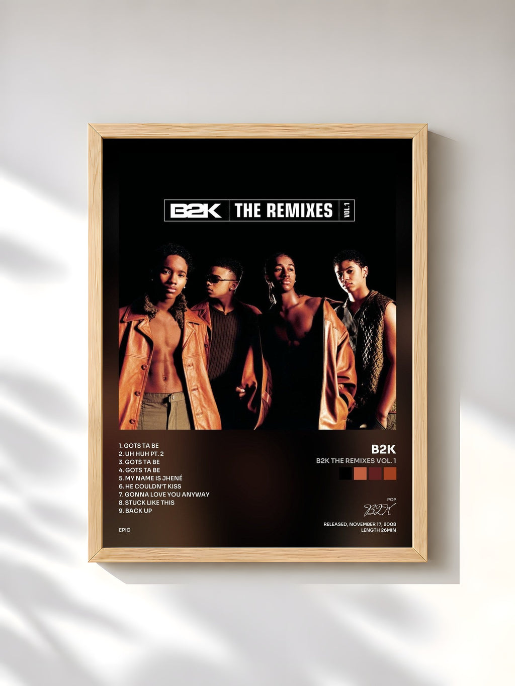 #bois Tableau de l'album B2K The Remixes Vol. 1 de B2K, cadre en bois brut, imprimé et encadré en France