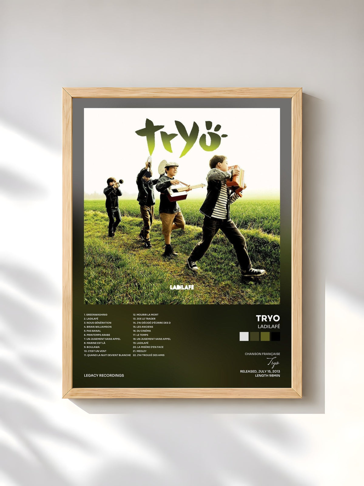 #bois Tableau de l'album Ladilafé de Tryo, cadre en bois brut, imprimé et encadré en France