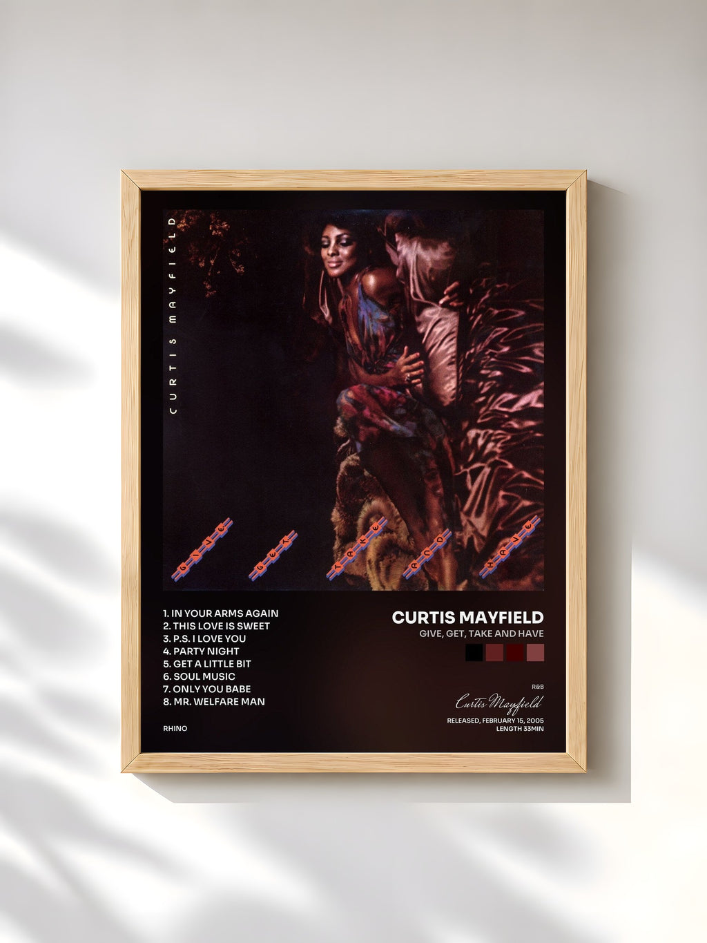 #bois Tableau de l'album Give, Get, Take And Have de Curtis Mayfield, cadre en bois brut, imprimé et encadré en France