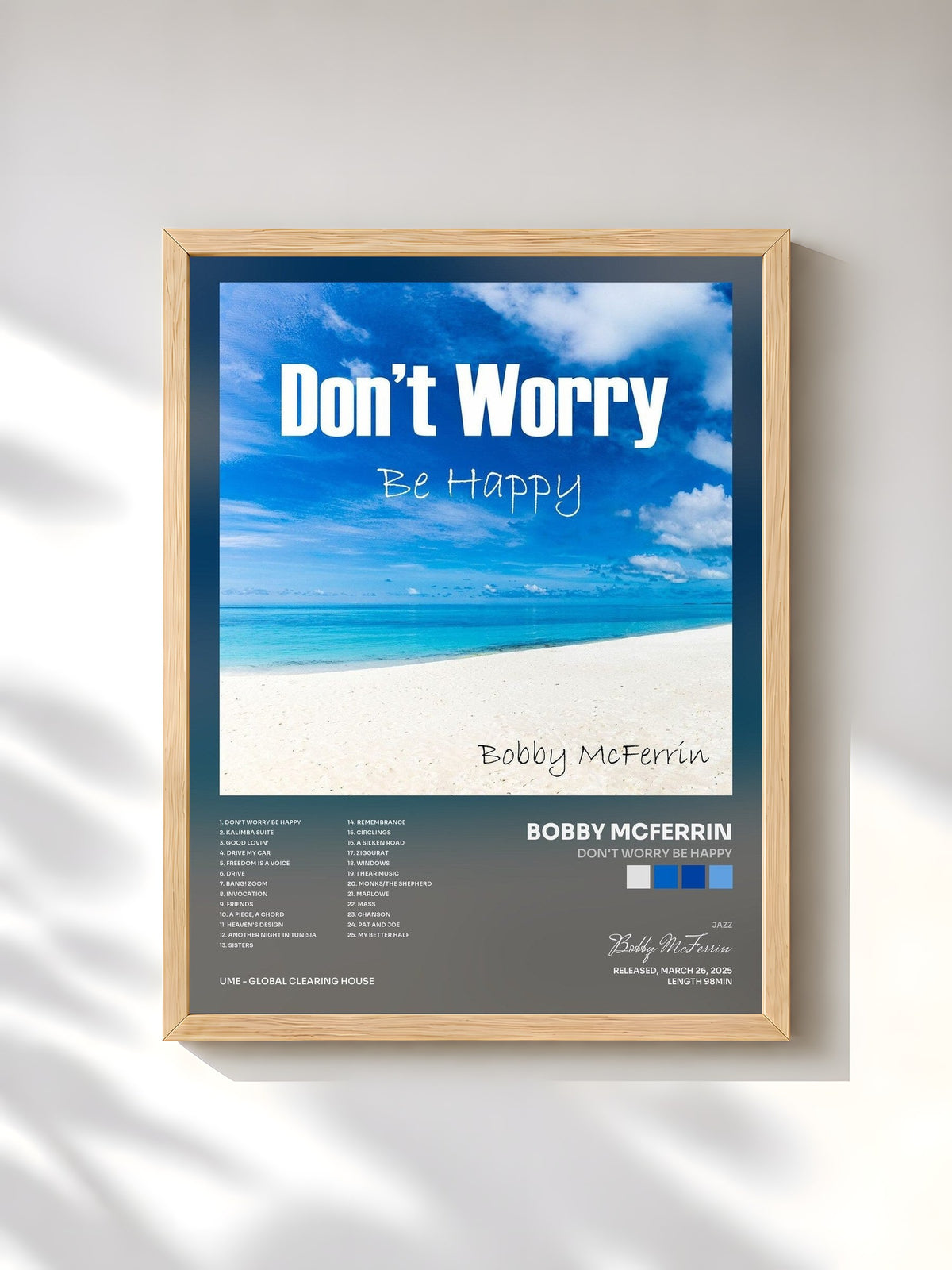 #bois Tableau de l'album Don't Worry Be Happy de Bobby McFerrin, cadre en bois brut, imprimé et encadré en France