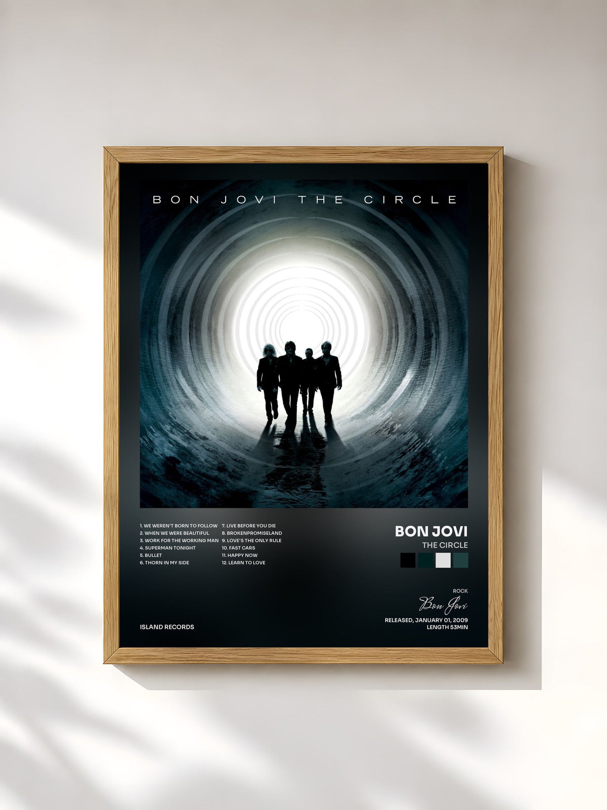 #bois Tableau de l'album The Circle de Bon Jovi, cadre en bois brut, imprimé et encadré en France