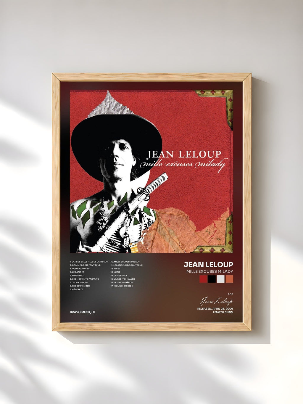 #bois Tableau de l'album Mille excuses Milady de Jean Leloup, cadre en bois brut, imprimé et encadré en France