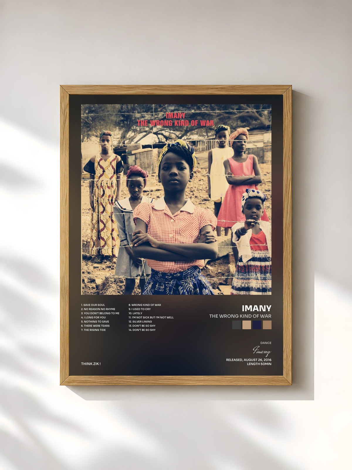 #bois Tableau de l'album The Wrong Kind of War de Imany, cadre en bois brut, imprimé et encadré en France