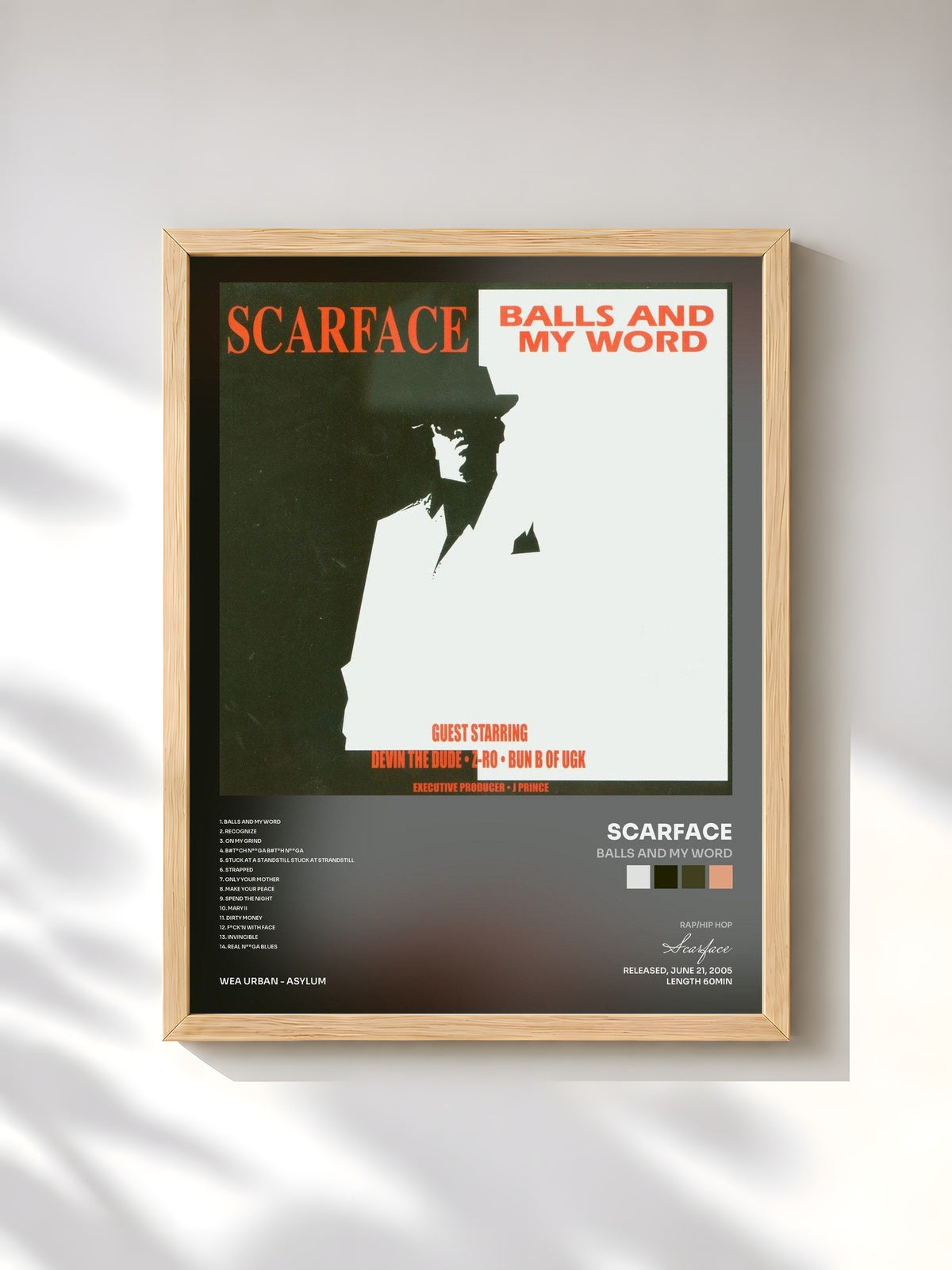 #bois Tableau de l'album Balls And My Word de Scarface, cadre en bois brut, imprimé et encadré en France