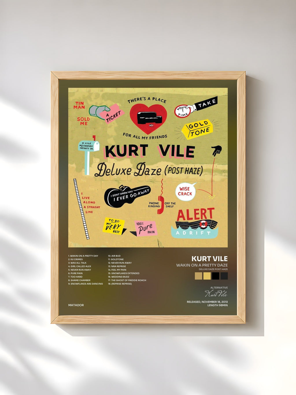 #bois Tableau de l'album Wakin On A Pretty Daze (Deluxe Daze Post Haze) de Kurt Vile, cadre en bois brut, imprimé et encadré en France