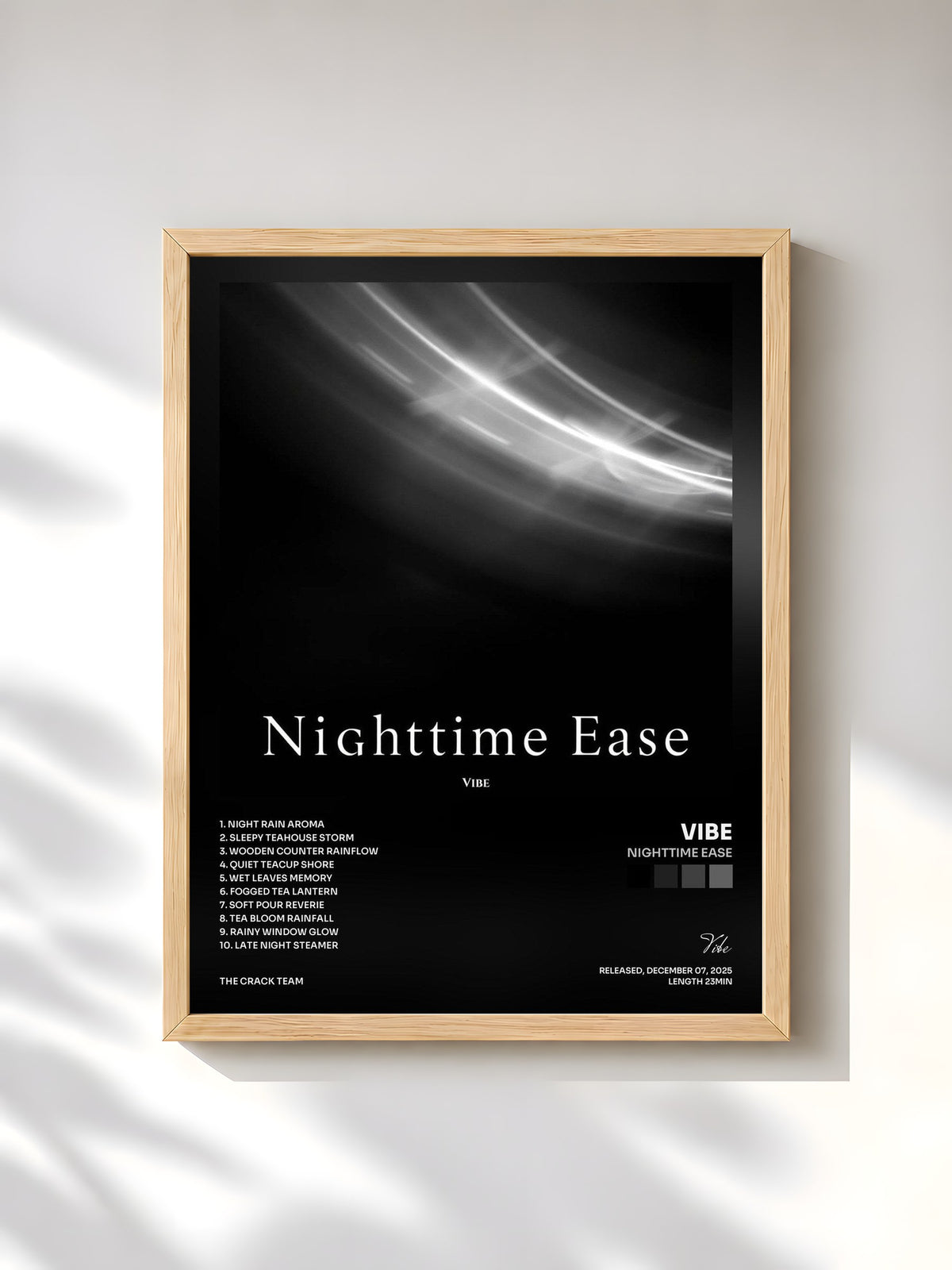 #bois Tableau de l'album Nighttime Ease de Vibe, cadre en bois brut, imprimé et encadré en France