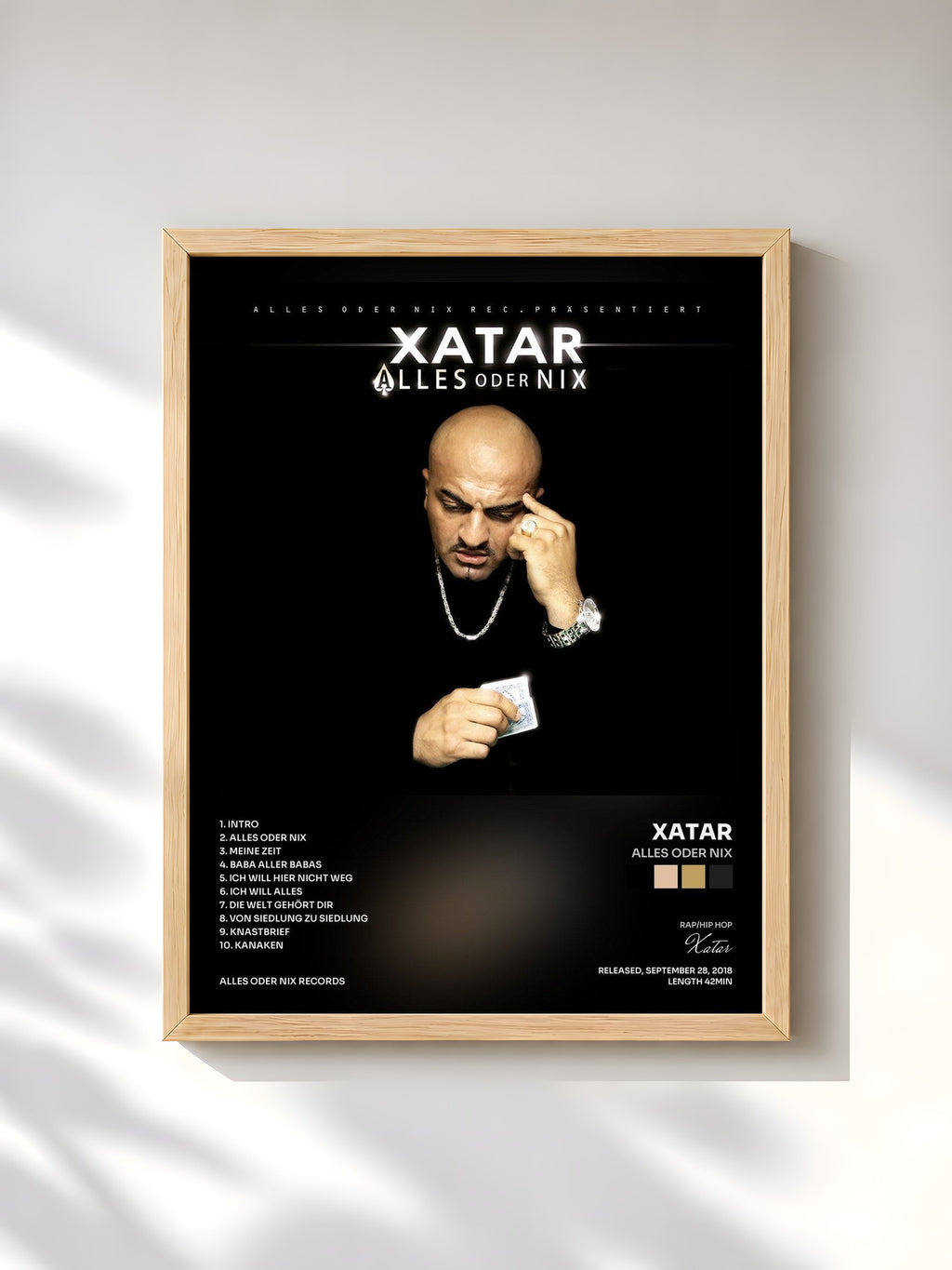 #bois Tableau de l'album ALLES ODER NIX de Xatar, cadre en bois brut, imprimé et encadré en France