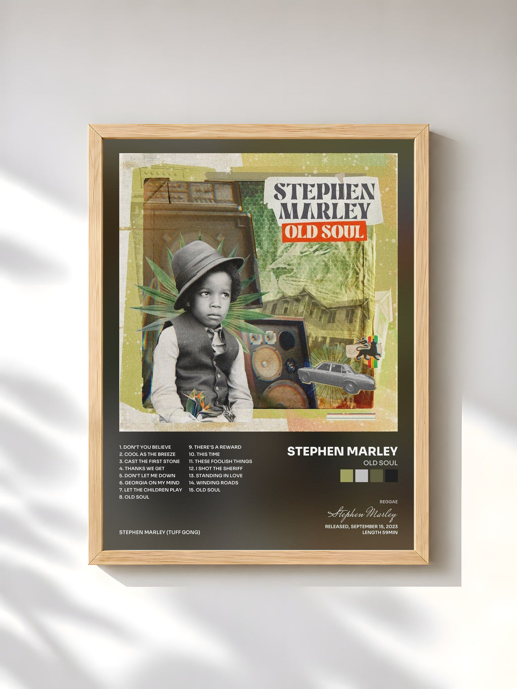 #bois Tableau de l'album Old Soul de Stephen Marley, cadre en bois brut, imprimé et encadré en France