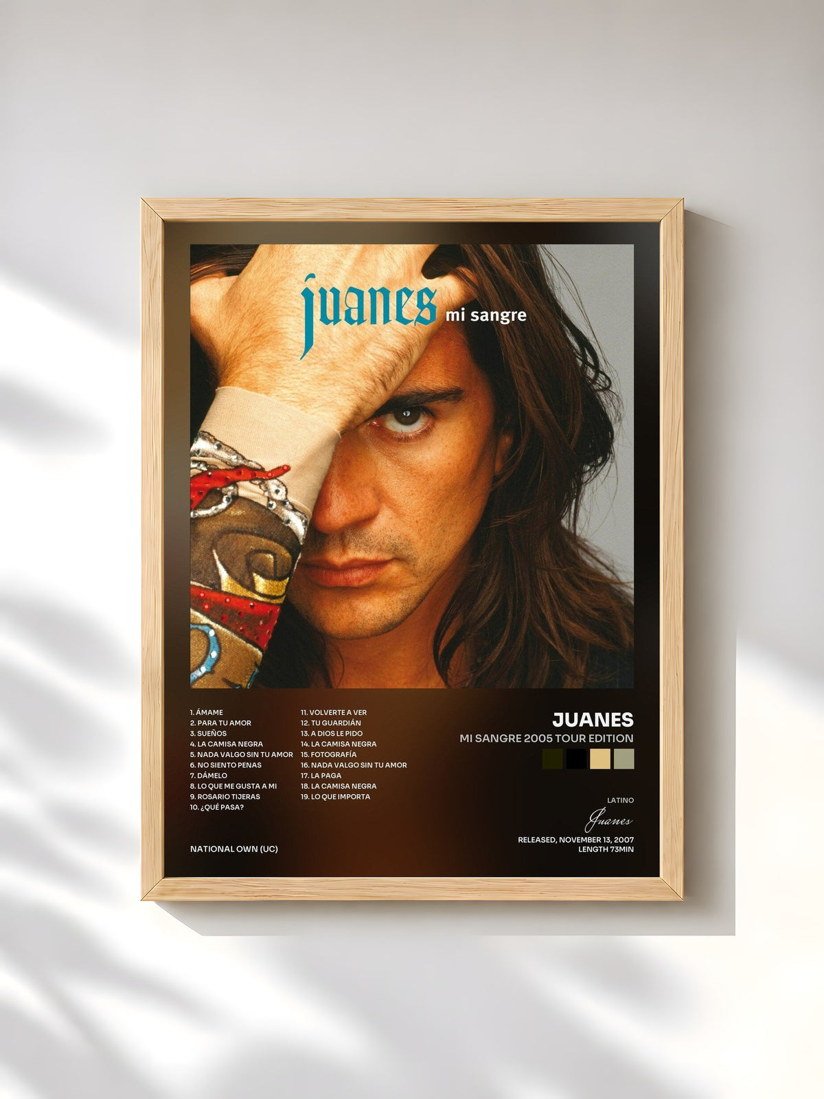 #bois Tableau de l'album Mi Sangre 2005 Tour Edition de Juanes, cadre en bois brut, imprimé et encadré en France