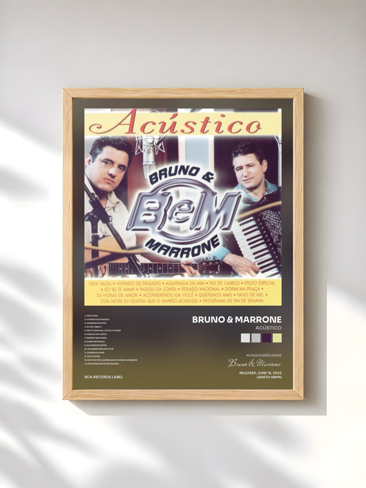 #bois Tableau de l'album Acústico de Bruno & Marrone, cadre en bois brut, imprimé et encadré en France