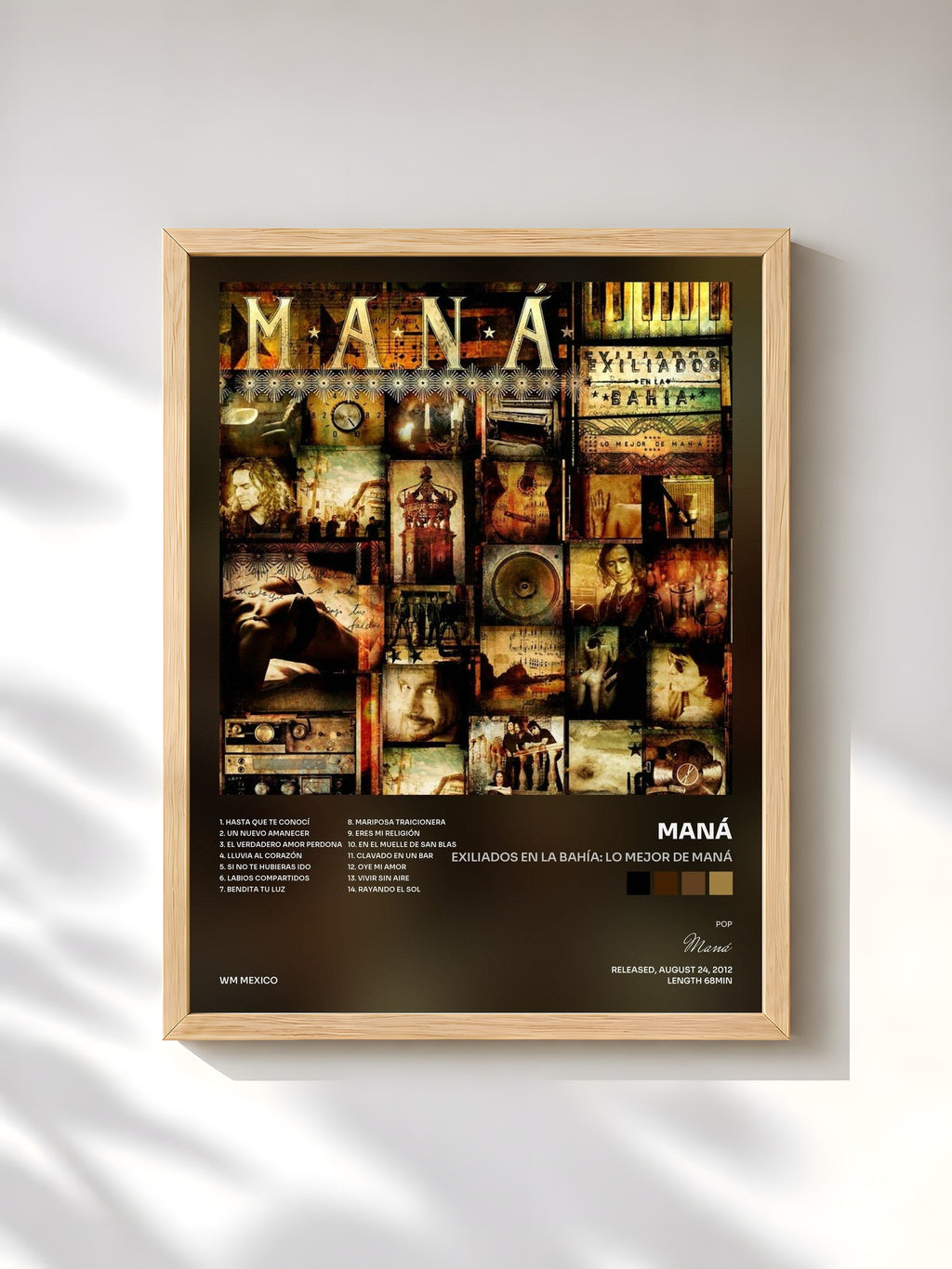 #bois Tableau de l'album Exiliados en la Bahía: Lo Mejor de Maná de Maná, cadre en bois brut, imprimé et encadré en France