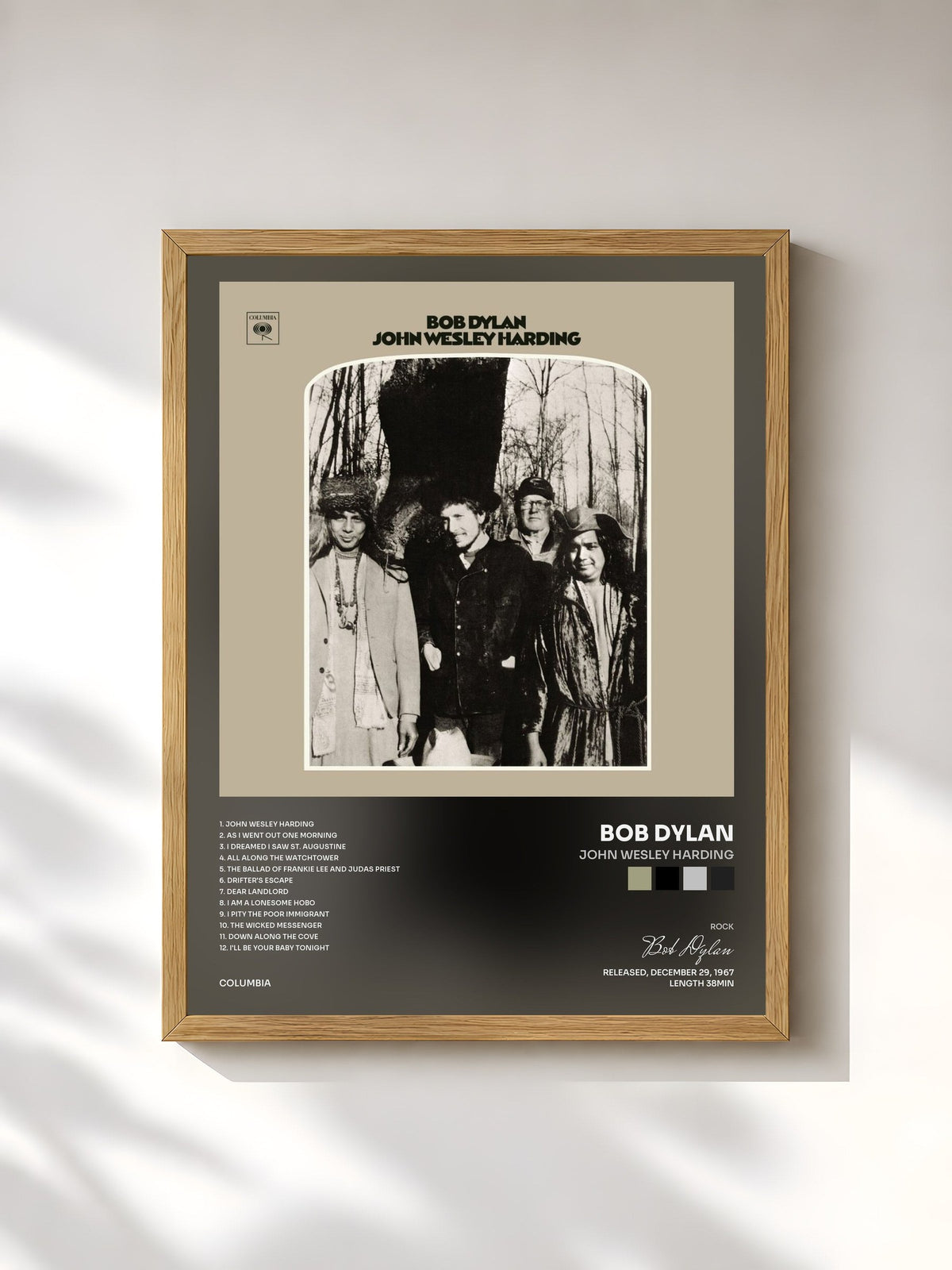 #bois Tableau de l'album John Wesley Harding de Bob Dylan, cadre en bois brut, imprimé et encadré en France