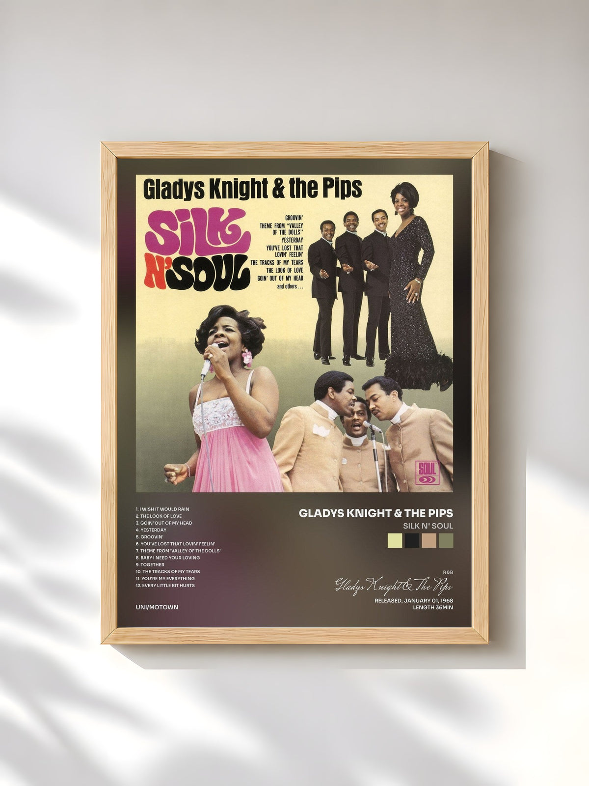 #bois Tableau de l'album Silk N' Soul de Gladys Knight & The Pips, cadre en bois brut, imprimé et encadré en France