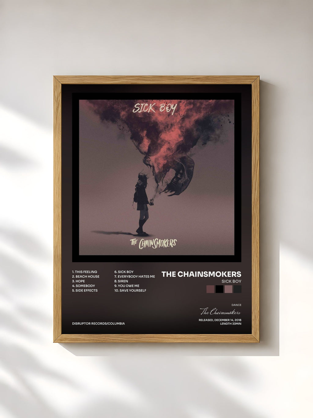 #bois Tableau de l'album Sick Boy de The Chainsmokers, cadre en bois brut, imprimé et encadré en France