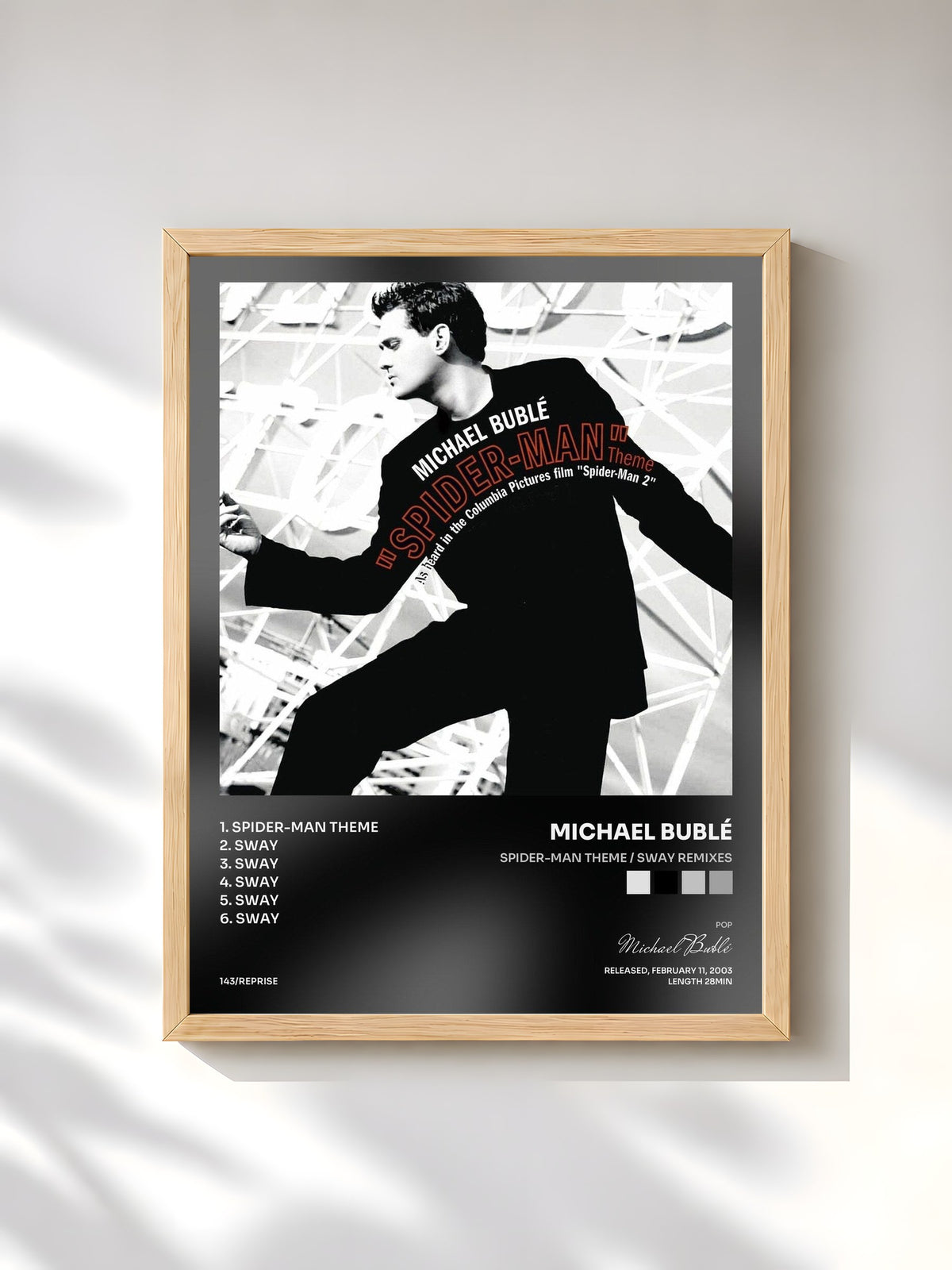 #bois Tableau de l'album Spider-Man Theme / Sway Remixes de Michael Bublé, cadre en bois brut, imprimé et encadré en France