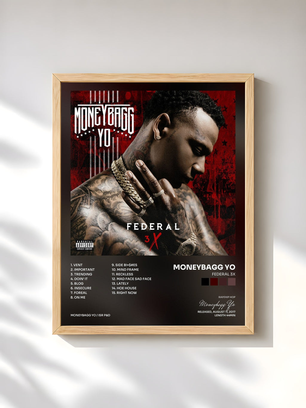 #bois Tableau de l'album Federal 3X de Moneybagg Yo, cadre en bois brut, imprimé et encadré en France