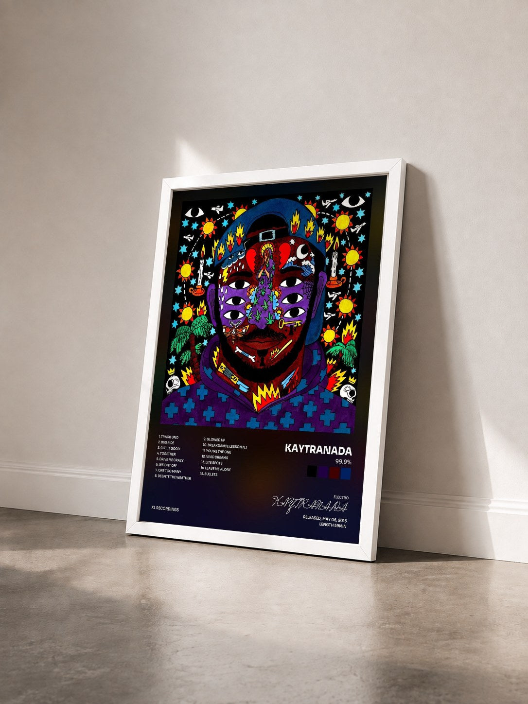 #blanc Tableau de l'album 99.9% de KAYTRANADA vu de trois quarts, cadre blanc