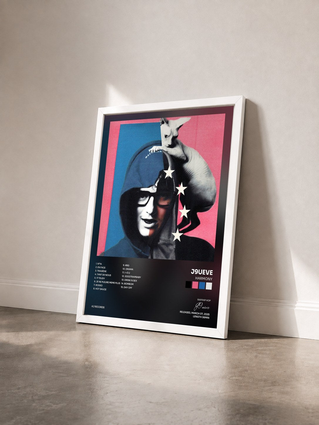 #blanc Tableau de l'album HARMONY de J9ueve vu de trois quarts, cadre blanc