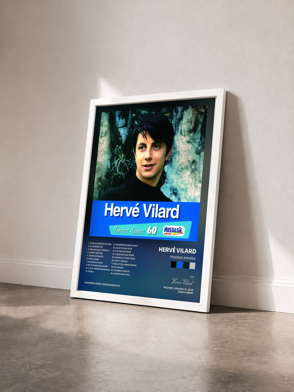 #blanc Tableau de l'album Tendres Années de Hervé Vilard vu de trois quarts, cadre blanc