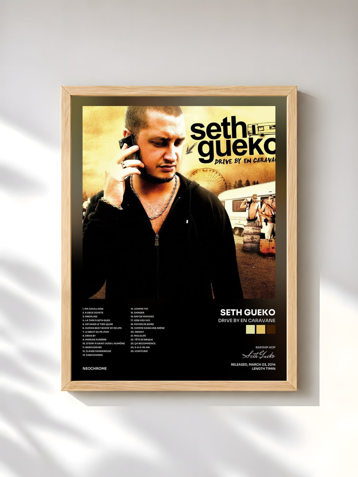 #bois Tableau de l'album Drive By en caravane de Seth Gueko, cadre en bois brut, imprimé et encadré en France