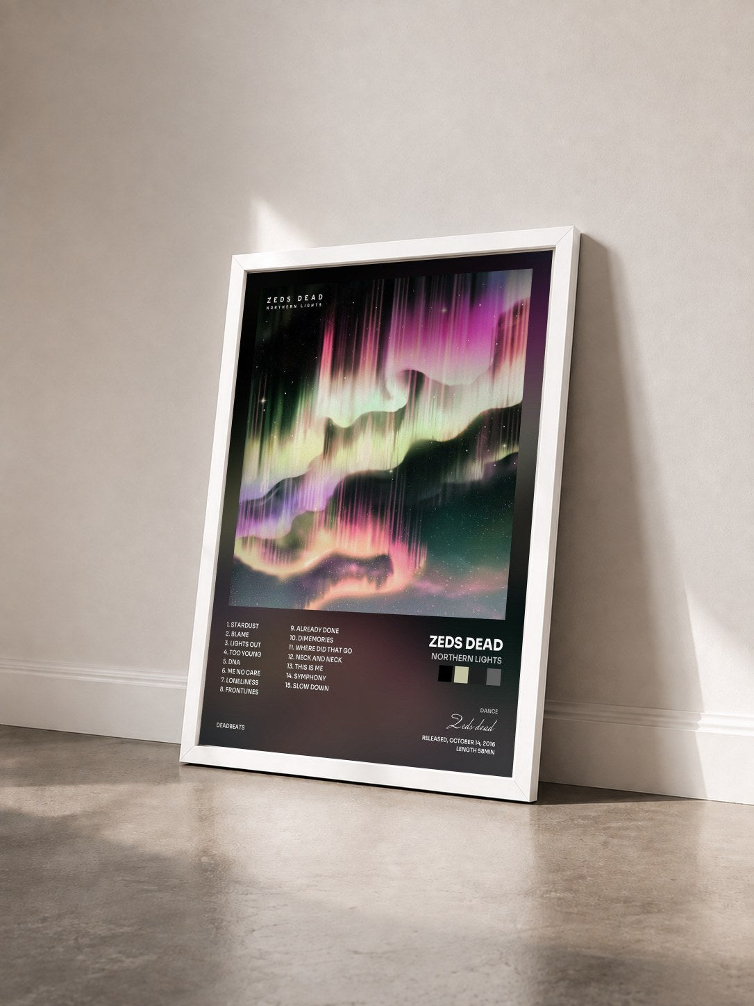 #blanc Tableau de l'album Northern Lights de Zeds dead vu de trois quarts, cadre blanc